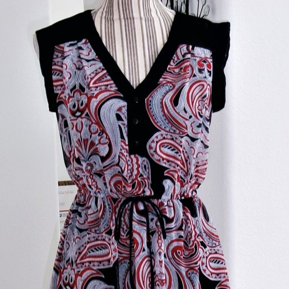Enfocus Studio Chiffon Navy Blue Red White Paisley Print V-Neck Dress Sz 4 / S - Picture 8 of 15